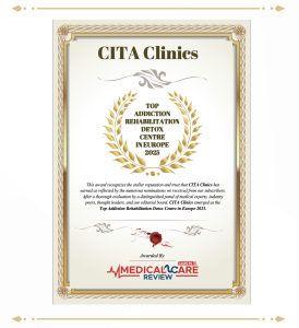 Clíniques CITA: Reconeguda per MedicalCare Review com el Millor Centre de Rehabilitació per Addiccions a Europa 2 Certificat emès a Clíniques CITA per MedicalCare Review